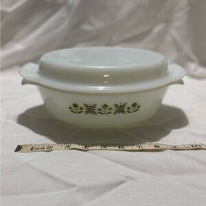 Fire King White Casserole Dish with Green Floral Design
